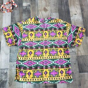 𝅺WOMEN'S American Tradition Colorful Aztec Tribal Short Sleeve Shirt y2k 90s